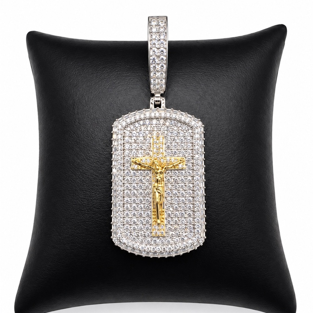 925 Sterling Silver 2.50CT MOISSANITE Crucifix Cross Dog Tag Men’s Pendant